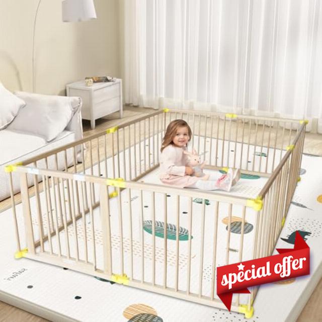 Natural Wood Baby Playpen w/Gate & Anti-Slip Base – Large Safety Play Fence for Babies/Toddlers