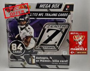 NEW - 2023 Panini ZENITH Factory Sealed Football MEGA Box w/ 84 Cards - 1 Autograph or Jersey Card and 10 Rookie Cards Per box - Plus Custom Novelty Patrick Mahomes Cards Pictured