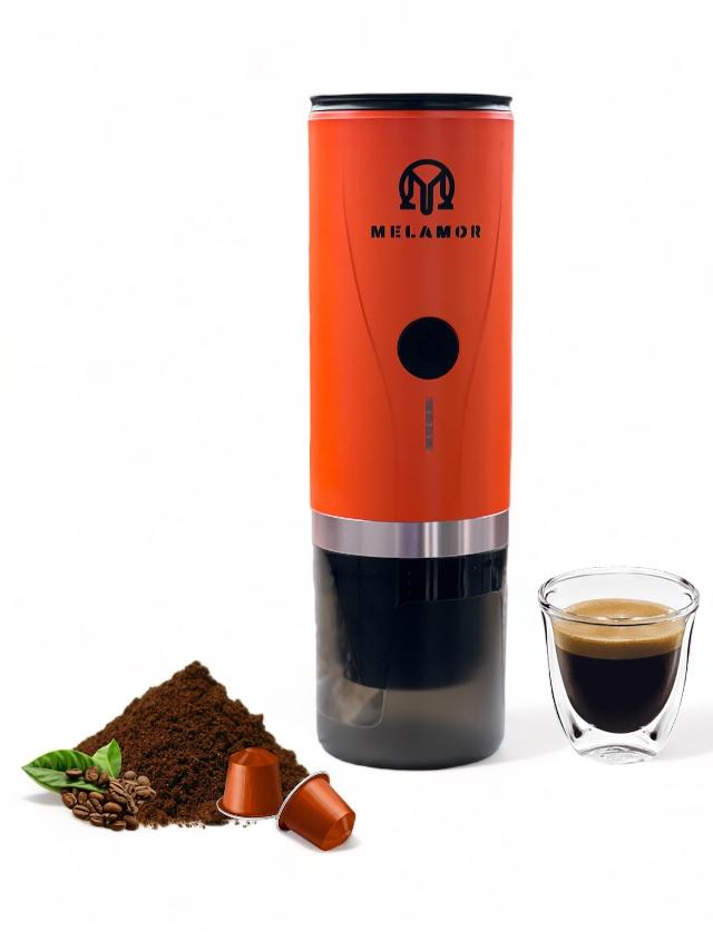 portable espresso maker PCM03 Self-Heating 20 bar pressure in orange color compatibility with NS Pods & ground coffee. Perfect for travel