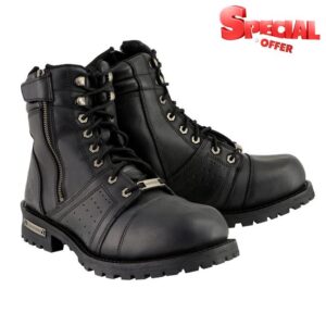 Milwaukee Leather MBM9000W Men's Black Lace-Up 'Wide-Width' Motorcycle Leather Boots with Side Zipper Entry - 11W