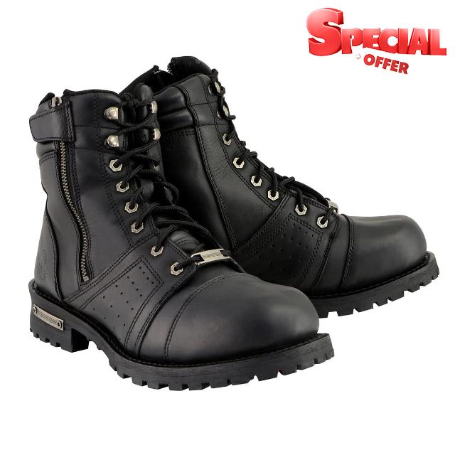 Milwaukee Leather MBM9000W Men's Black Lace-Up 'Wide-Width' Motorcycle Leather Boots with Side Zipper Entry - 11W