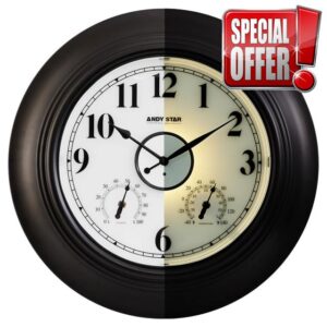 ANDY STAR 21 Inch Illuminated Outdoor Wall Clock with Thermometer and Hygrometer
