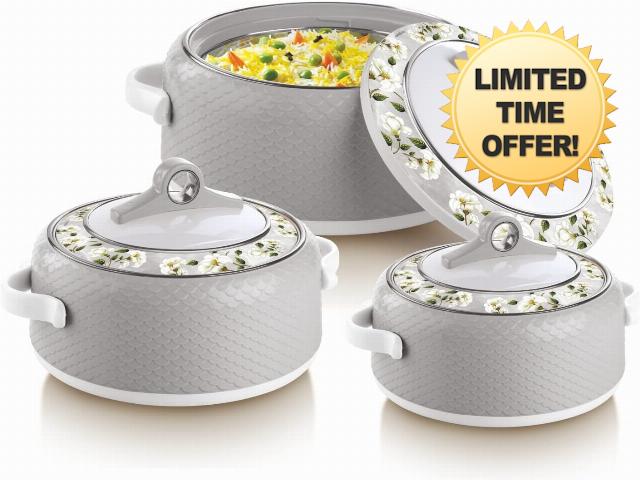 Casserole Thermoware Serving Microwave Safe Stainless Steel Hot Cold Food Insulated Casserole Double Wall Hot Pot Jumbo Set of 3 (Grey)