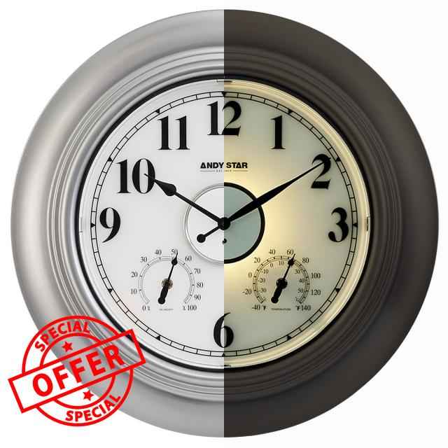 ANDY STAR 21 Inch Silver Illuminated Outdoor Wall Clock Waterproof with Thermometer and Hygrometer