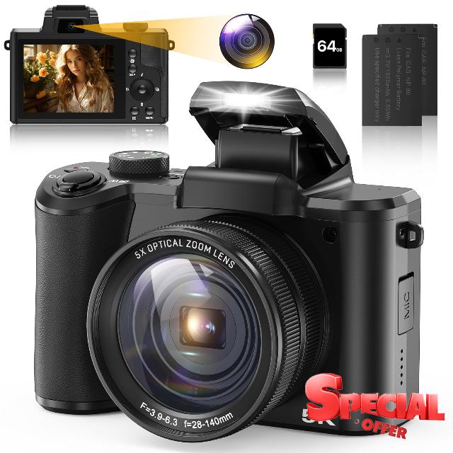 5K Digital Camera for Photography and Video Autofocus 5X Optical Zoom 64MP Vlogging Camera for YouTube 6-Axis Stabilization Compact Travel Dual Cameras with 64G SD Card for Boys/Girls/Beginners