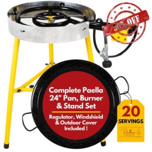 Complete Paella Pan Burner & Stand Set 20 Servings - Dual Propane - 24-Inch Steel Pan - Portable Gas Stove - Wok
