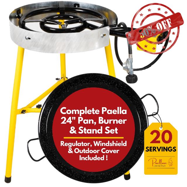 Complete Paella Pan Burner & Stand Set 20 Servings - Dual Propane - 24-Inch Steel Pan - Portable Gas Stove - Wok
