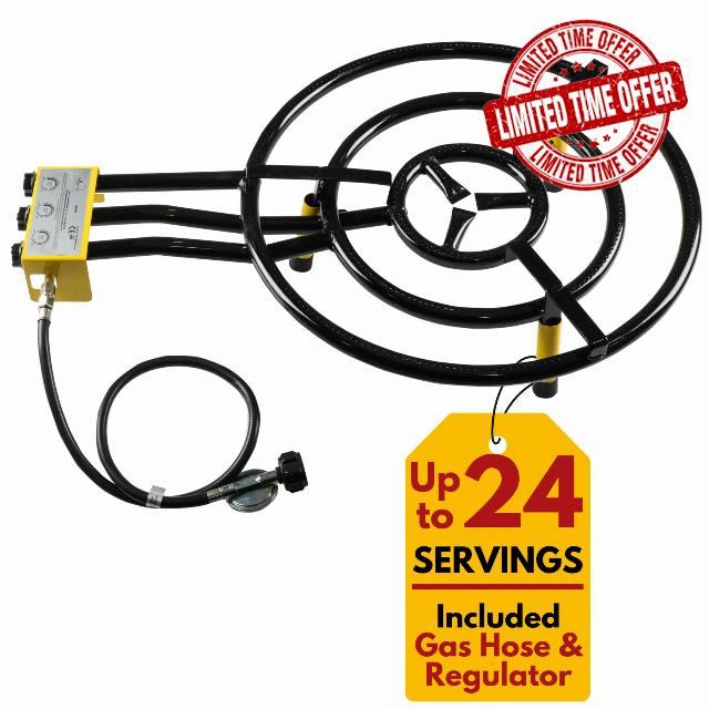 24 Inch Paella Burner with Table Top Stand - Double Propane Gas Parrilla - Outdoor & Indoor Stove - For Chinese and Thai Wok - Table Top Burners for Cooking - Propane Grills for Camping