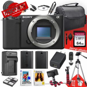 Sony ZV-E10 Mirrorless Camera (Body Only) + 64 GB Memory + Extra Battery + Spider Tripod + Case + Tripod + Card Reader + Battery Charger + More (22pc Bundle) (Renewed)