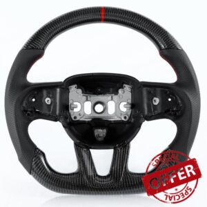 Steering Wheel for Dodge Carbon Fiber Steering Wheel Upgrade D-shaped Flat-bottom Perforated Leather with Red Stitching Replacement for Dodge Challenger Charger SRT HELLCAT 2015-2024