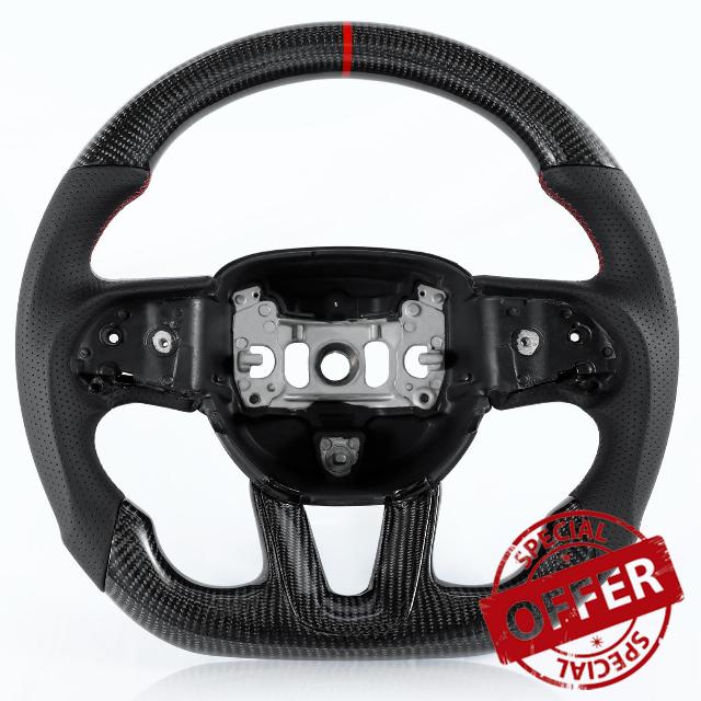 Steering Wheel for Dodge Carbon Fiber Steering Wheel Upgrade D-shaped Flat-bottom Perforated Leather with Red Stitching Replacement for Dodge Challenger Charger SRT HELLCAT 2015-2024