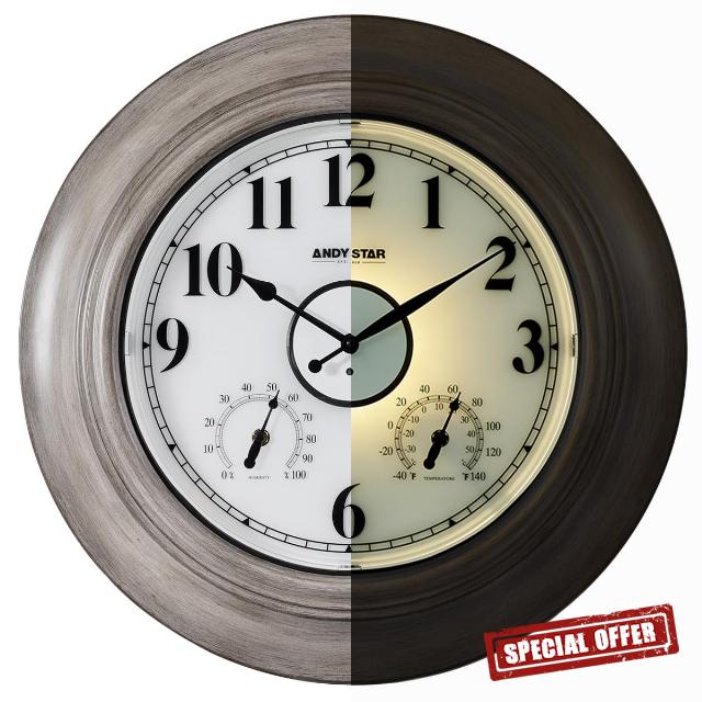 ANDY STAR 21 Inch Large Luminous Outdoor Wooden Wall Clock with Temperature