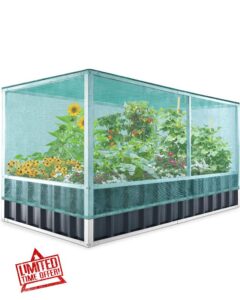 KING BIRD 68" x 36" x 34.6" Raised Garden Bed with Garden Anti-Bird Protection Netting Structure Galvanized Steel Metal Planter Kit Box with 8pcs T-Type Tags & 2 Pairs of Gloves Dark Grey