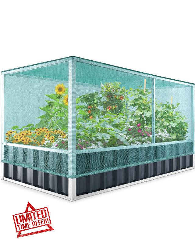 KING BIRD 68" x 36" x 34.6" Raised Garden Bed with Garden Anti-Bird Protection Netting Structure Galvanized Steel Metal Planter Kit Box with 8pcs T-Type Tags & 2 Pairs of Gloves Dark Grey