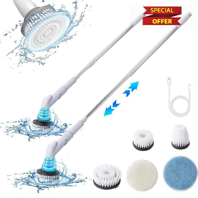 Electric Spin Scrubbers Spin Scrubbers with 5 Replaceable Brush Heads and Adjust Extension Handle Power Cleaning Brush for Bathroom Floor Tile Assistant for Household Cleaning
