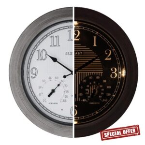 18 Inch Farmhouse Illuminated Outdoor Atomic Wall Clock with Thermometer & Hygrometer Combo