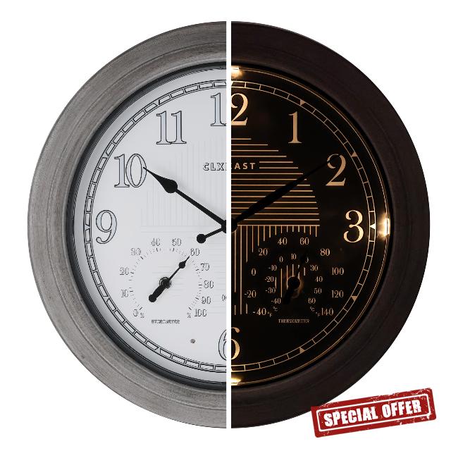 18 Inch Farmhouse Illuminated Outdoor Atomic Wall Clock with Thermometer & Hygrometer Combo