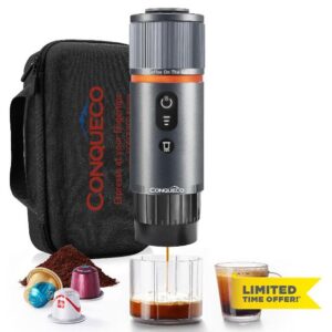 CONQUECO Portable Espresso Coffee Machine: 12V Electric Small Travel Expresso Maker - Self Heating 8 Cups Battery Powered Compatible for Nespresso Capsule - for Camping RV Hiking Office (w/Handbag)