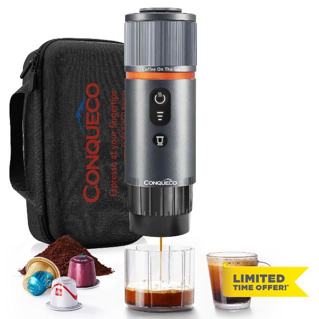CONQUECO Portable Espresso Coffee Machine: 12V Electric Small Travel Expresso Maker - Self Heating 8 Cups Battery Powered Compatible for Nespresso Capsule - for Camping RV Hiking Office (w/Handbag)