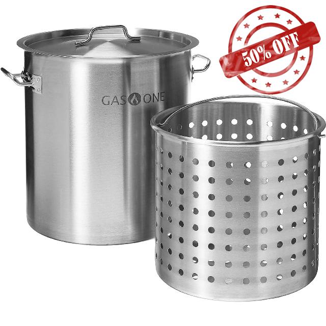 GasOne Stainless Steel Stockpot with Basket – 100qt Stock Pot with Lid and Reinforced Bottom – Heavy-Duty Cooking Pot for Deep Frying
