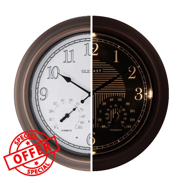 18 Inch Illuminated Outdoor Indoor Atomic Analog Wall Clock with Temperature & Humidity