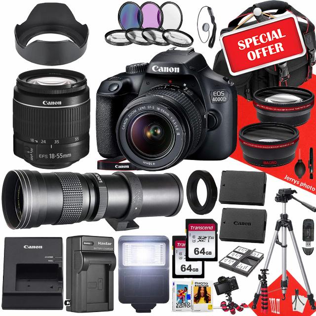 Canon EOS 4000D / Rebel T100 DSLR Camera with Canon EF-S 18-55mm F/3.5-5.6 DC III Zoom and 420-800mm f/8.3 HD Telephoto Zoom Lens + 128 GB Memory + Filters + Tripod + More (31pc Bundle) (Renewed)