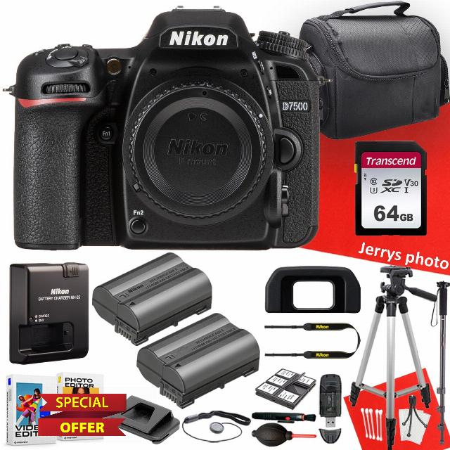 Nikon D7500 DSLR Camera (Body Only) + 64 GB Memory + Tripod + Monopod + Extra Battery + Deluxe Cleaning Kit + More (21pc Bundle)