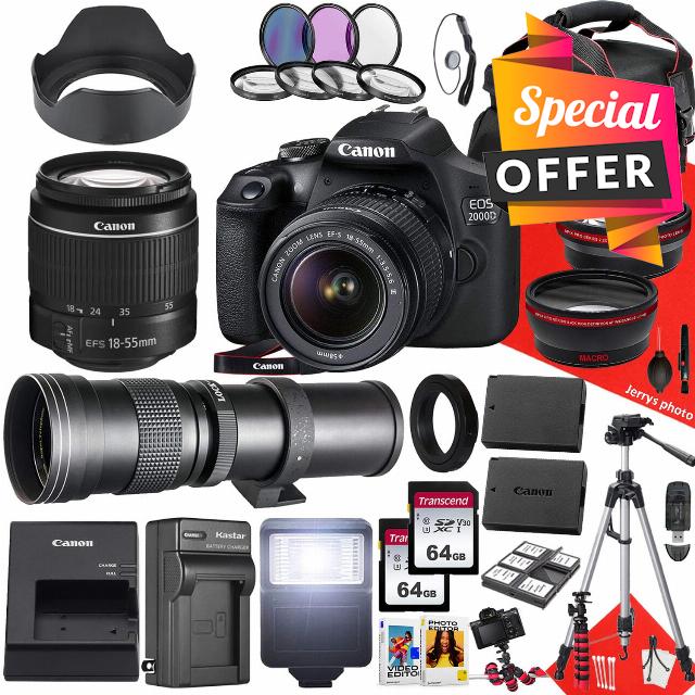 Canon EOS 2000D / Rebel T7 DSLR Camera with Canon EF-S 18-55mm F/3.5-5.6 DC III Zoom and 420-800mm f/8.3 HD Telephoto Zoom Lens + 128 GB Memory + Filters + Tripod + More (33pc Bundle) (Renewed)