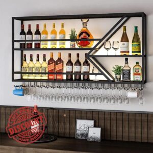 LED Hanging Industrial Wine Racks Metal Wine Bottle & Glass Iron Wine Bottle Shelf Display Stand Suitable Bar Shelves For Liquor Bottles For Kitchen