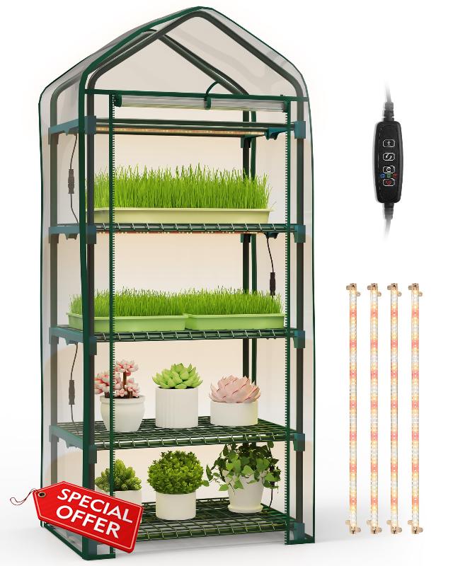 Indoor Greenhouse with Grow Lights 4 Tier Greenhouse with 4 Full Spectrum Plant Grow Lights for Early Spring Seed Germination and Indoor Growing