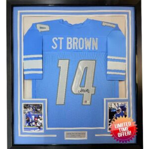 Framed Autographed/Signed Amon-Ra St. Brown 35x39 Detroit Blue Football Jersey Beckett BAS COA
