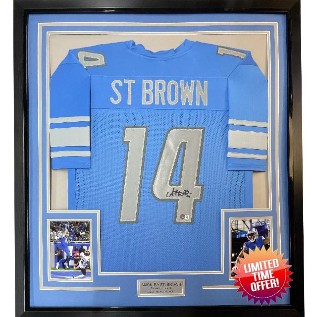 Framed Autographed/Signed Amon-Ra St. Brown 35x39 Detroit Blue Football Jersey Beckett BAS COA