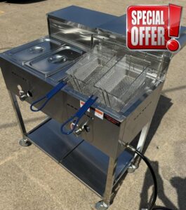 Acero Pro 3.5 Gallon Single Tank Deep Fryer Cart with Double Baskets - 2 Steamer Steam Table and Serving Shelf - Stainless Steel - Fueled By Propane - Great For Outdoor Parties and Catering