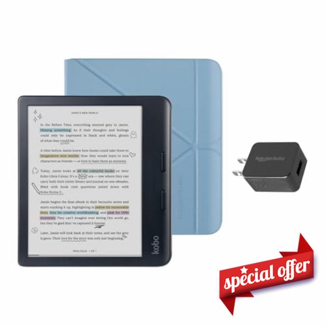 Kobo Libra Colour Black eReader with Case Bundle (Dusk Blue SleepCover