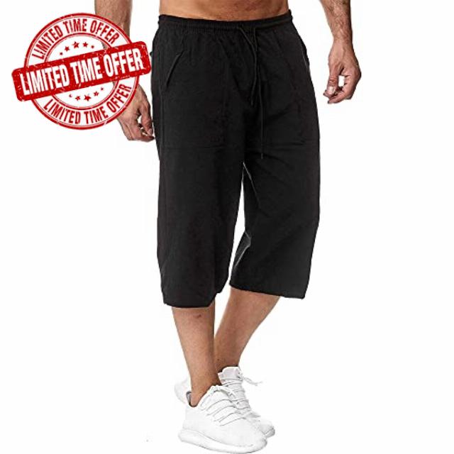 Sprifloral Mens Linen Shorts 3/4 Length Pants Summer Trousers Beach Yoga Joggers Casual Sweatpants