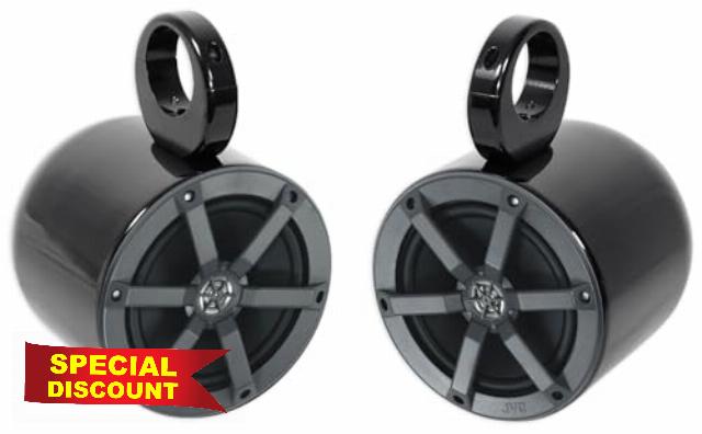Audiosavings Bundle: Pair JVC CS-MS620 6.5" 50 Watts RMS 2-Way Coaxial Marine Boat Speakers in Black Bundle with Pair Rockville MAC65B 6.5" Black Aluminum Wakeboard Tower Speaker Pod Enclosures