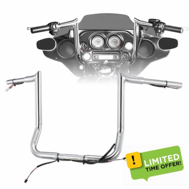 Pre-wired Ape Hangers Street Glide Handlebars with CAN-Bus/TBW/Heated Grips Wire 1.25" Fat Meathook Miter Cut for 2016-up Harley Street Glide/Electra Glide (Chrome