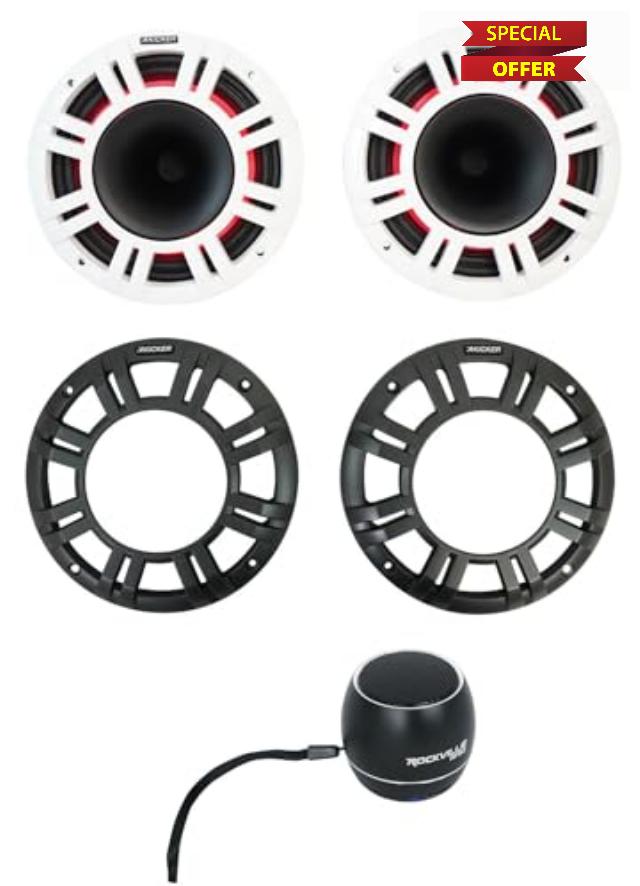 Audiosavings Bundle: (2) Kicker 48KMXL84 8" 500 Watt Marine Boat Horn Loaded Speakers w/LED Bundle with (1) Rockville RPB2-BLACK Handheld Wireless Portable Bluetooth Speaker Great Sound (3 Items)