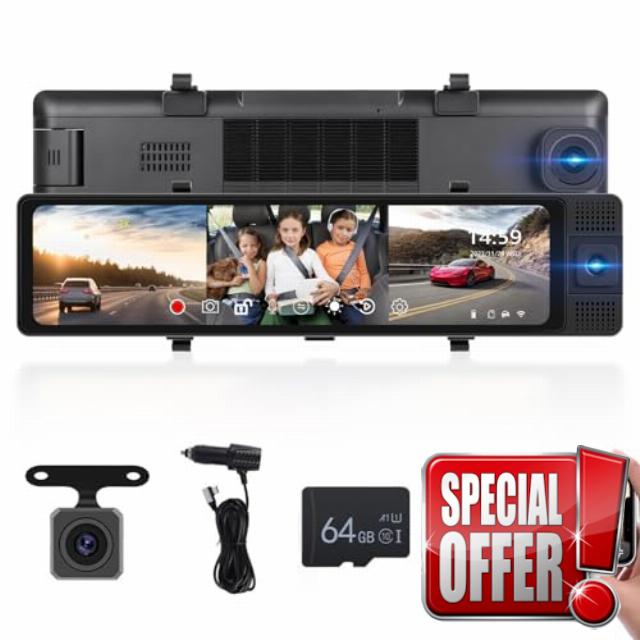 Hodozzy Mirror Dash Cam 3 Channels Front and Inside Dash Camera Backup Camera