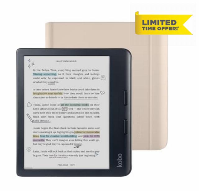 Kobo Libra Colour Black eReader with Case Bundle (Sand Beige Notebook SleepCover