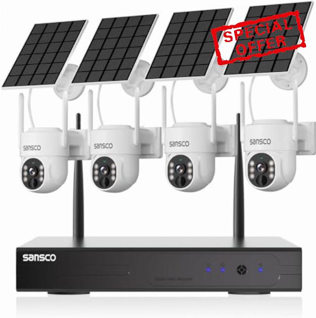 SANSCO Wire-Free Solar Battery Powered Security Camera System