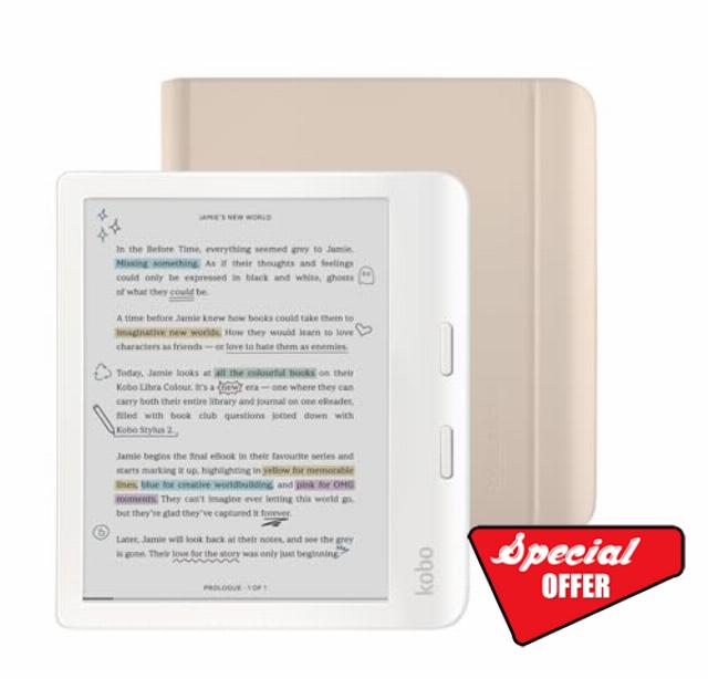 Kobo Libra Colour White eReader with Case Bundle (Sand Beige Notebook SleepCover