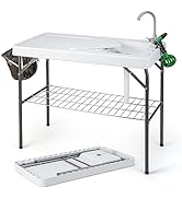 TANGZON 183CM Picnic Table Bench Set, Heavy-Duty Camping Table and 2 Benches with Umbrella Hole &...