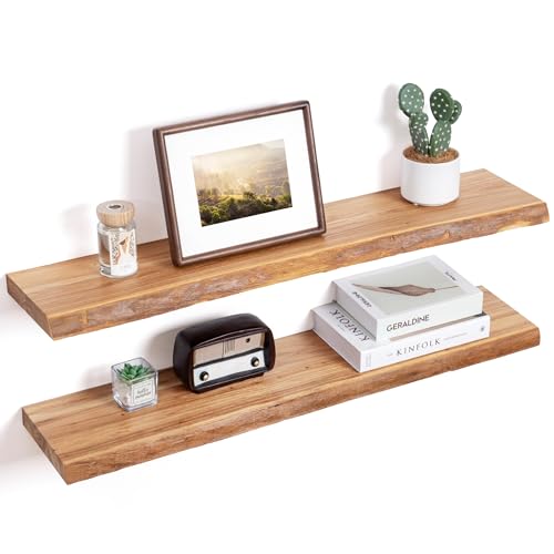 Rustic Solid Elm Wood Floating Shelves Wall Mounted