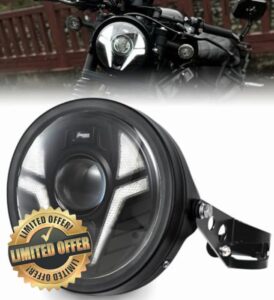 7inch LED Motorcycle Headlight Laser Light with White DRL Amber Turn Signal with Headlight Housing Bucket Mount Brackets Compatible with Vulcan custom CB400 CB1300 XS650 Chopper Cafe Racer