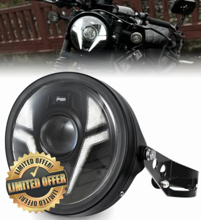 7inch LED Motorcycle Headlight Laser Light with White DRL Amber Turn Signal with Headlight Housing Bucket Mount Brackets Compatible with Vulcan custom CB400 CB1300 XS650 Chopper Cafe Racer