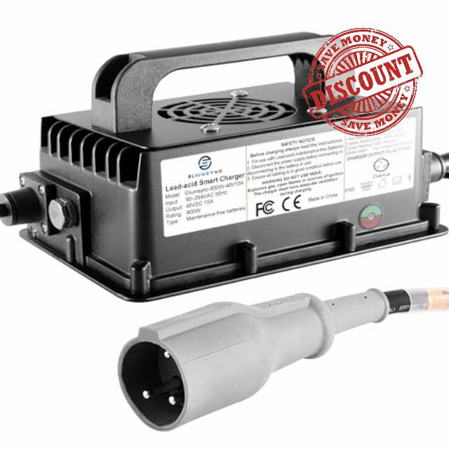 800W Lead Acid Battery Charger 48 Volt 15 AMP 3-Pin Original Gray One-Piece Plug Club Car DS&Precedent Golf Carts