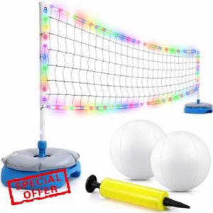 LED Pool Volleyball Net Set Light Up In Ground Swimming Pool Volleyball Game Set LED Water Volleyballs Swimming Pool Sports Game Set for Adults Teens Summer Inground Pool Party