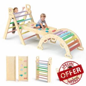 BlueWood Pikler Triangle Set 7in1 Foldable Baby Climbing Toys Wooden Montessori Climbing Set with Arch&Ramp&Ladder Baby Climber Indoor Jungle Gyms for Toddlers Montessori Toys - Rainbow