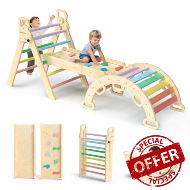 BlueWood Pikler Triangle Set 7in1 Foldable Baby Climbing Toys Wooden Montessori Climbing Set with Arch&Ramp&Ladder Baby Climber Indoor Jungle Gyms for Toddlers Montessori Toys - Rainbow